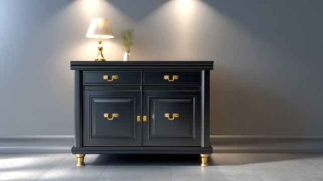 Elegant black wooden cabinet with golden handles and stylish lamp on top in modern home interior setting