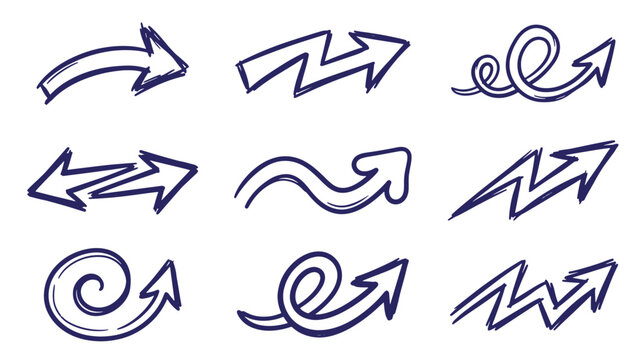A collection of nine hand-drawn style dark blue arrow with scribbled textures, featuring swirls, zigzags, and curves, isolated on a white background, for informal and, expressive wallpaper background