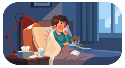 Obraz premium Illustration Of A Sick Boy In Bed During A Contagious Infection With A Blanket