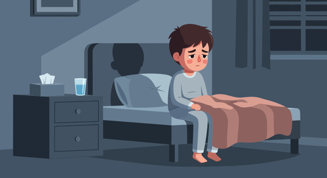 Illustration Of A Sad Boy Sitting On Bed With Tears And Facing Challenges In Bedroom