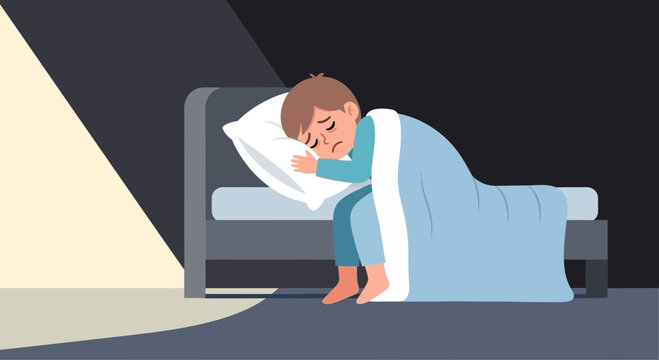 Illustration Of A Sad Boy Sitting On Bed, Struggling To Sleep With Lights and Shadows