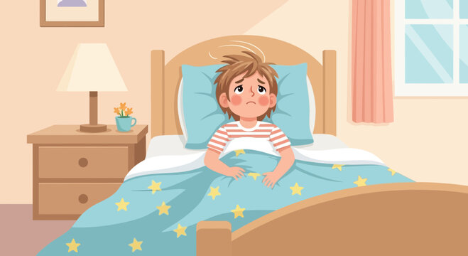 Illustration Of A Sad Child Awake In Bed Feeling Unwell Or Possibly Ill At Night