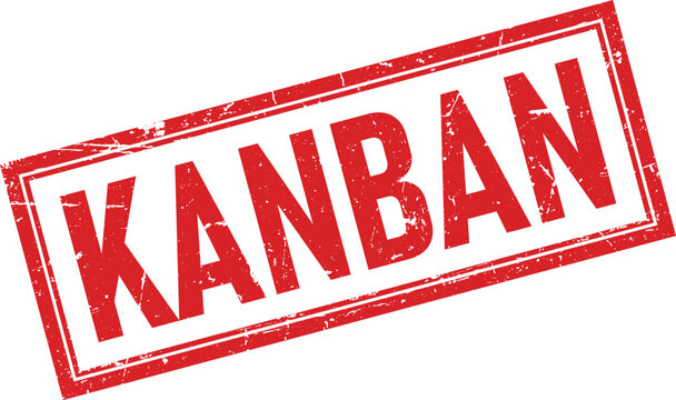 Red rectangular rubber stamp design featuring the word KANBAN in a distressed vintage ink style