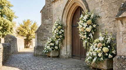 Beautiful Church Entrance Decorated with White Flowers for Assumption of Mary