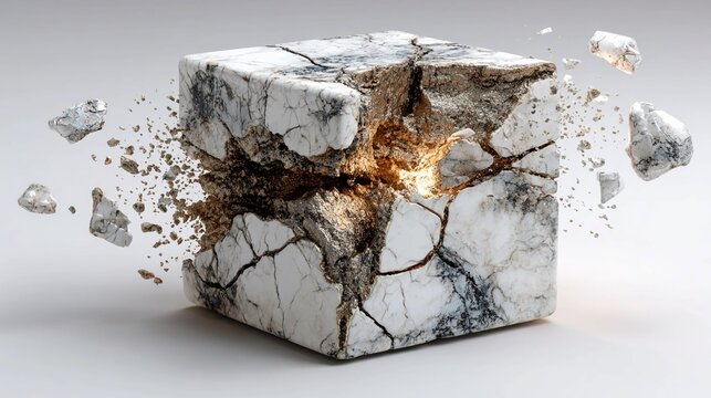 Cracked base block isolated on white background symbolizing weak foundation concept instability risk fragility insecurity challenge abstract metaphor concept