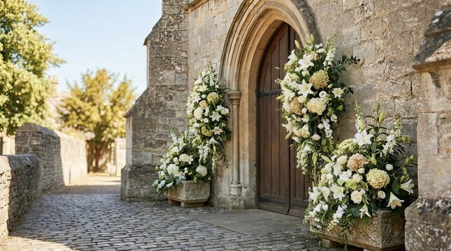 Beautiful Church Entrance Decorated with White Flowers for Assumption of Mary