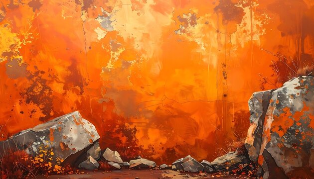 abstract fiery landscape with rocks and glowing embers, digital painting with textured brushstrokes and particle effects, warm autumn atmosphere, ideal for backgrounds or abstract art