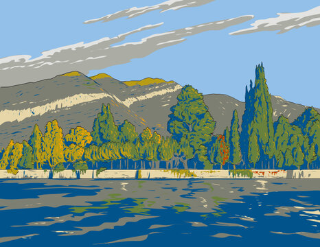 WPA style ukiyo-e or ukiyo illustration of Via Statale in Tremezzo, Italy in the central western stretch of Lake Como with the Grigne mountains done in retro style.