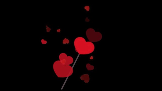 Heart icons attached to thin stems float upwards against a solid dark background to convey a whimsical sense of love.