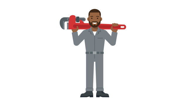 Plumber carrying large red pipe wrench in clean flat vector style for plumbing service branding