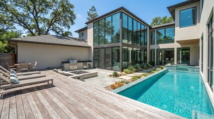 Fototapeta premium Contemporary luxury home renovation featuring spacious timber deck, stylish patio, and landscaped courtyard, residential architectural design