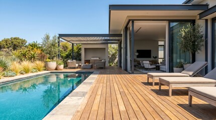 Fototapeta premium Contemporary luxury home renovation featuring spacious timber deck, stylish patio, and landscaped courtyard, residential architectural design