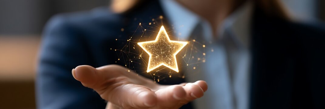 Star symbol glowing with golden light radiates above a professional hand to represent outstanding performance, high quality standards, and exceptional achievement in a modern corporate environment.