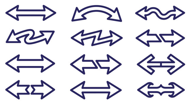 Twelve dark blue outline double-headed arrow with various curved, zigzag, and split styles, isolated on a white background, indicating bidirectional movement and technical wallpaper background