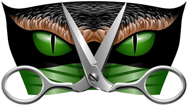 Symmetrical graphic of a green snake head with open silver scissors.