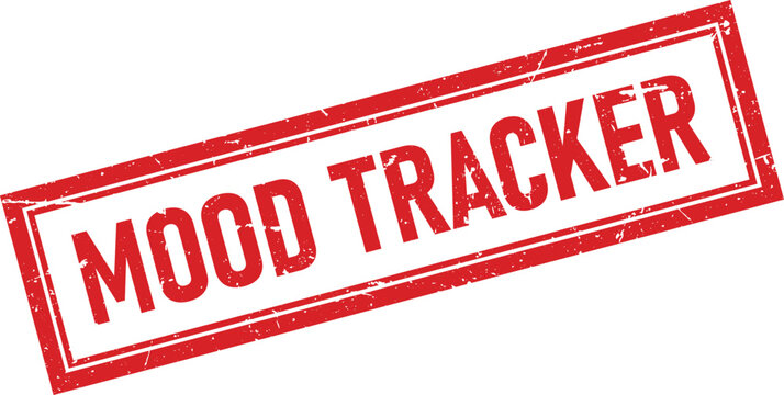 Red rectangular rubber stamp graphic displaying the text mood tracker in a weathered grunge font