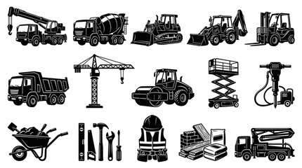 Fototapeta premium Construction Industry Glyph Icons Set: Heavy Machinery, Vehicles, Tools Building Materials in Black White