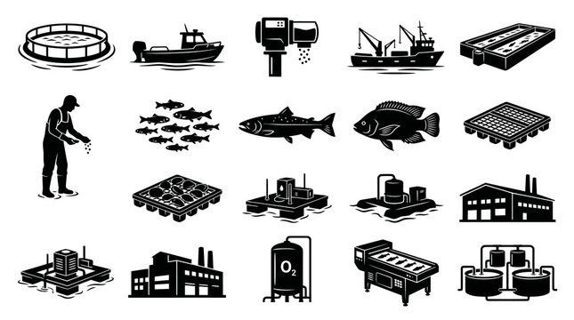 Aquaculture Fish Farming Glyph Icons Set. Black  White Silhouettes of Seafood Industry Production Elements