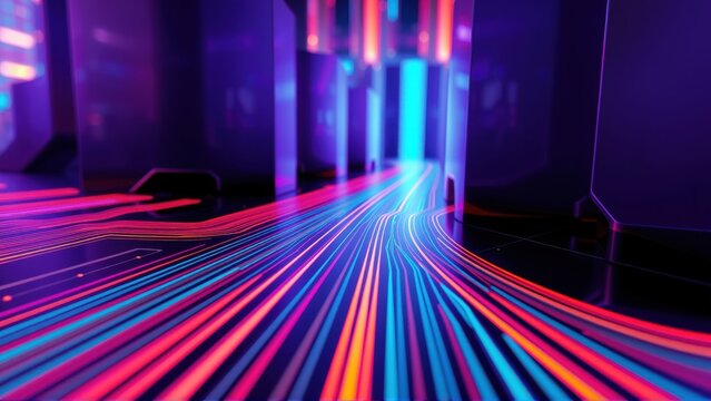 Futuristic corridor glows with vibrant neon lines. Light streaks converge toward distant center, creating dynamic perspective. Dark shadows define space.
