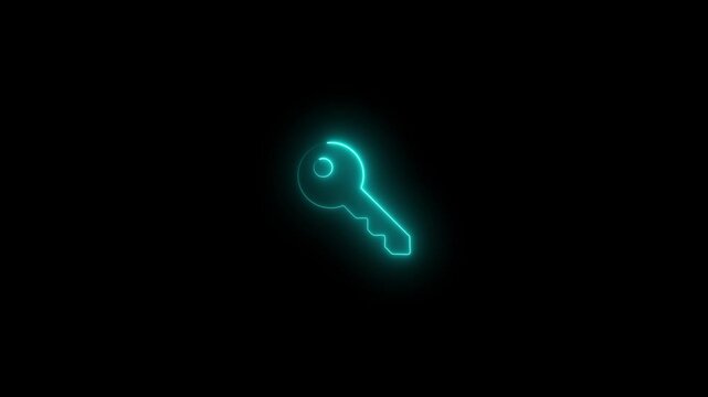 Glowing neon key animation, digital security and access concept, minimalist cyber security