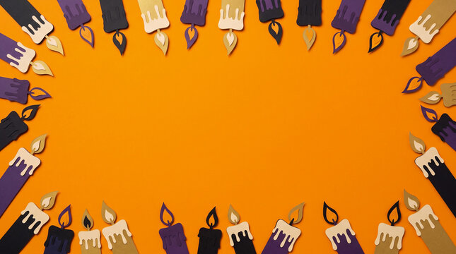 Halloween orange background featuring candle paper cut out border frame, copy space for spooky party invitation, greeting card, banner, poster, flyer and eerie autumn seasonal design