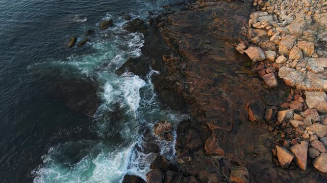 Rocky Coast Of Thacher Island Off The Coast Of Cape Ann In Massachusetts, USA. Aerial Shot