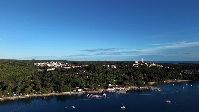 Vrsar coastal town with church bell tower rises above forested peninsula overlooking busy waterfront marina and sailboats on calm Adriatic Sea under clear summer sky. Aerial drone wide shot