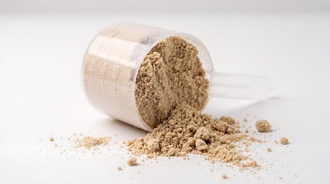 Whey Protein Powder in Measuring Spoon Isolated on White Background