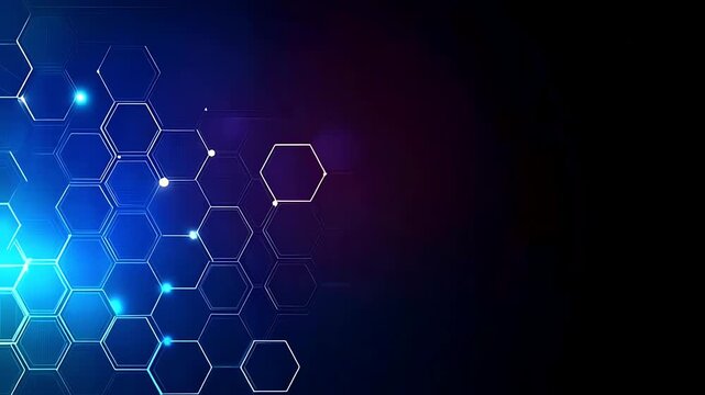 Abstract technology background with glowing blue hexagonal shapes and digital light particles.