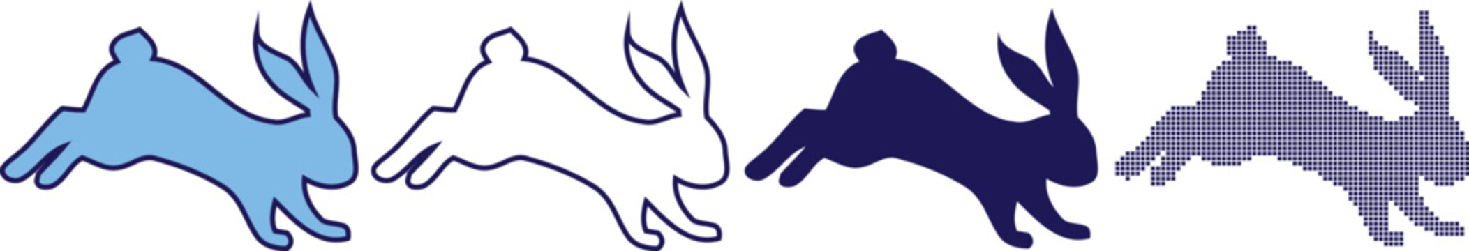Vector set of four rabbits in different styles and colors