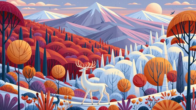 White deer walking across abstract geometric seasonal mountain landscape.