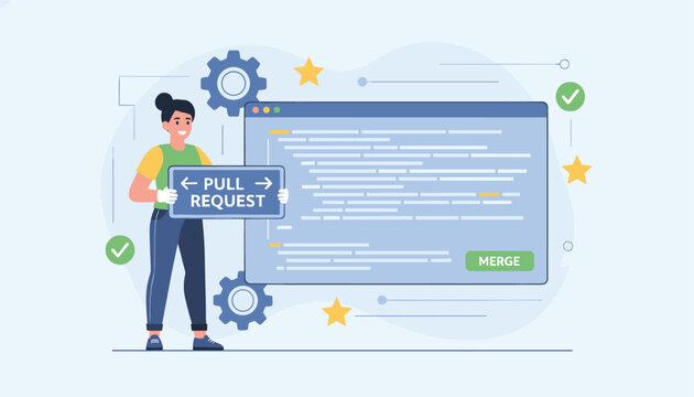 Female developer holding a pull request sign next to a code editor screen demonstrating a code merge in software development.