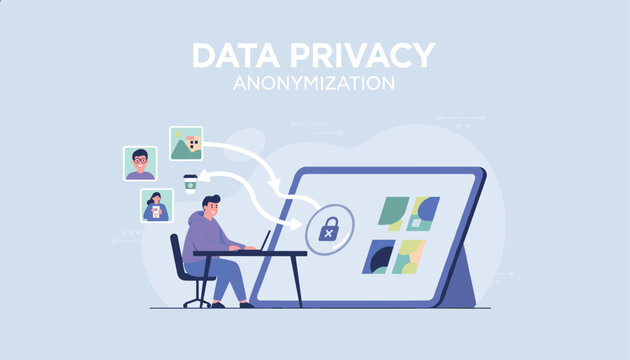 Cybersecurity expert securing user profiles and photos through an anonymization data privacy lock on a tablet.