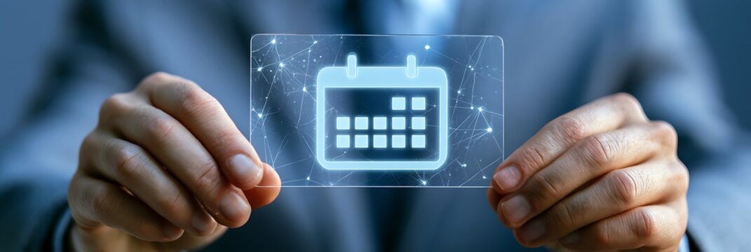 Businessman holds a transparent digital calendar interface to manage scheduling and time tracking for upcoming corporate meetings and important project deadlines in a professional office workspace.