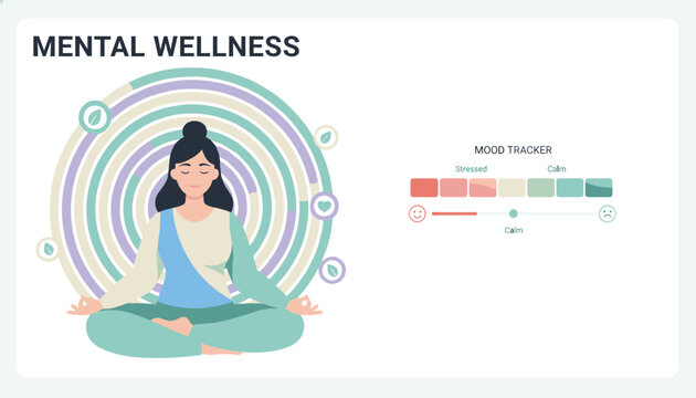Meditating woman achieving mental wellness and emotional balance with a mood tracker indicating a calm state of mind.