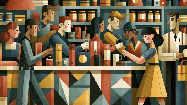 Diverse crowd ordering drinks at retro geometric coffee shop.