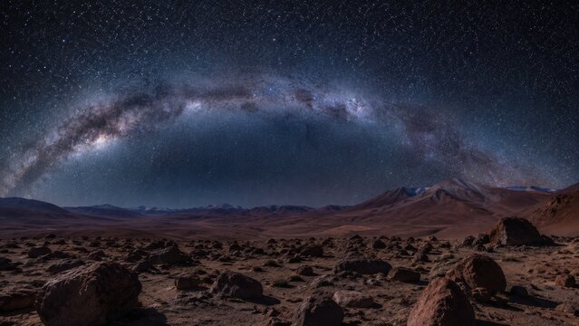 Night Sky Rainbow Over Rocky Desert Landscape with Starry Milky Way