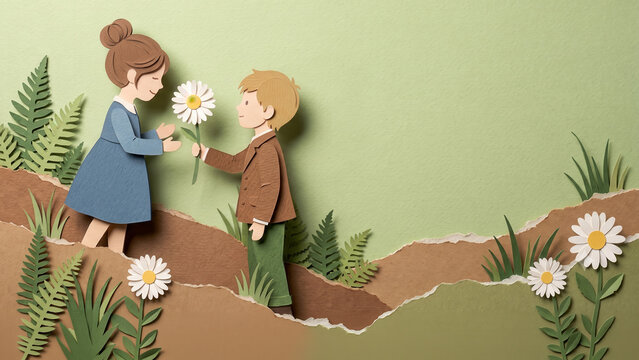 Diorama style illustration of a young boy giving a white daisy to a girl. They stand on torn paper hills surrounded by green ferns and flowers against a light green background. Construction paper.