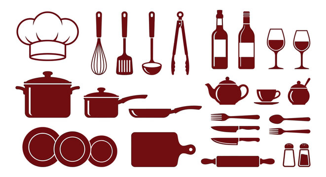 Culinary tool silhouettes in red a vector illustration set against a white background cooking kitchen cuisine chef cookware utensils pots pans cutlery wineglass wine