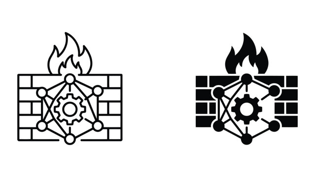 Network firewall and gear mechanism icon set for system security