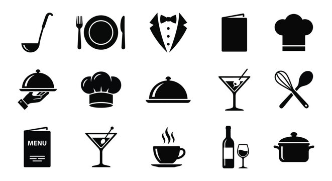 Culinary Icons Set Black Silhouettes On White Background chef hat cooking cutlery dining drink food fork glass gourmet icon kitchen meal menu restaurant spoon