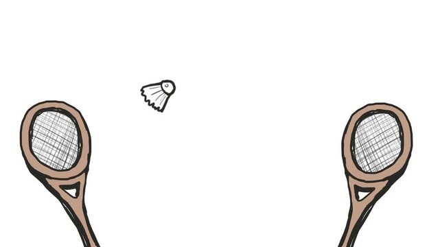 Two cartoon tennis rackets hit a shuttlecock, causing it to fly back and forth.