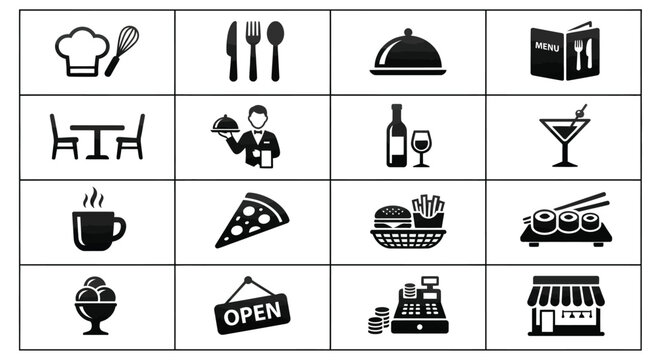 Restaurant Icon Set Flat Black Silhouettes On White Background chef hat cookware kitchen utensil culinary dining silhouette cutlery fork knife spoon silverware table setting
