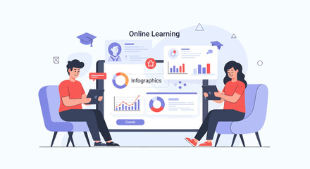Naklejka premium Man and woman engaged in online learning with digital tablets and charts.