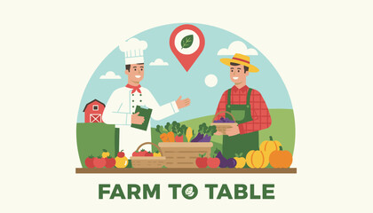 Fototapeta premium Farmer in a straw hat and a chef in uniform stand behind a table of fresh vegetables for farm to table concept.