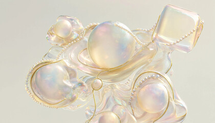 Surreal composition of iridescent glass spheres and geometric shapes connected by delicate pearl chains on a soft light background