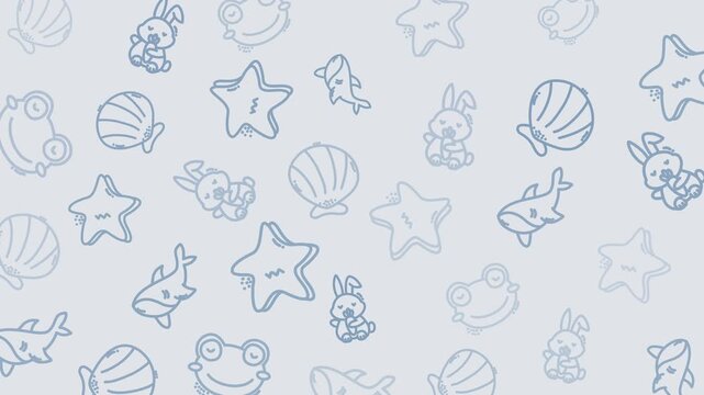 Cute seamless looping ocean pattern animation featuring smiling whale, shark, fish, starfish, shell, and bunny on a soft pastel background. Perfect for kids, nursery, and marine themes.