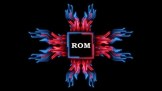 A animated cpu with glowing circuits and the word rom on a black background.
