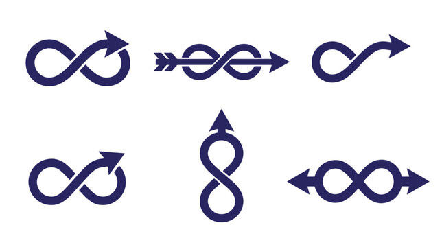 Six dark blue infinity arrow on a white background, featuring diverse loop and directional configurations for representing continuous progress, cyclical movement, and infinite wallpaper background