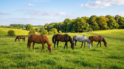Obraz premium Horses grazing in green pasture field.